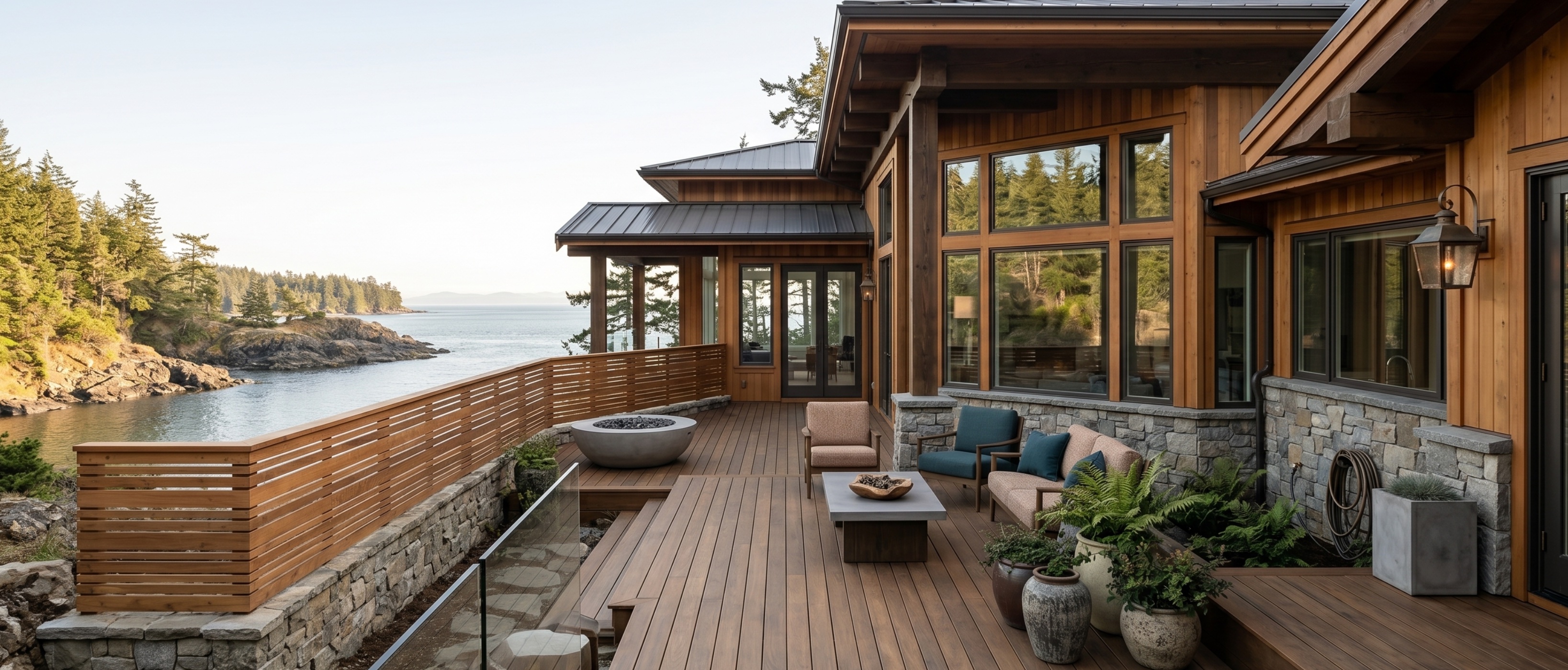 Cedar deck with ocean view and outdoor living space, West Coast Vancouver Island