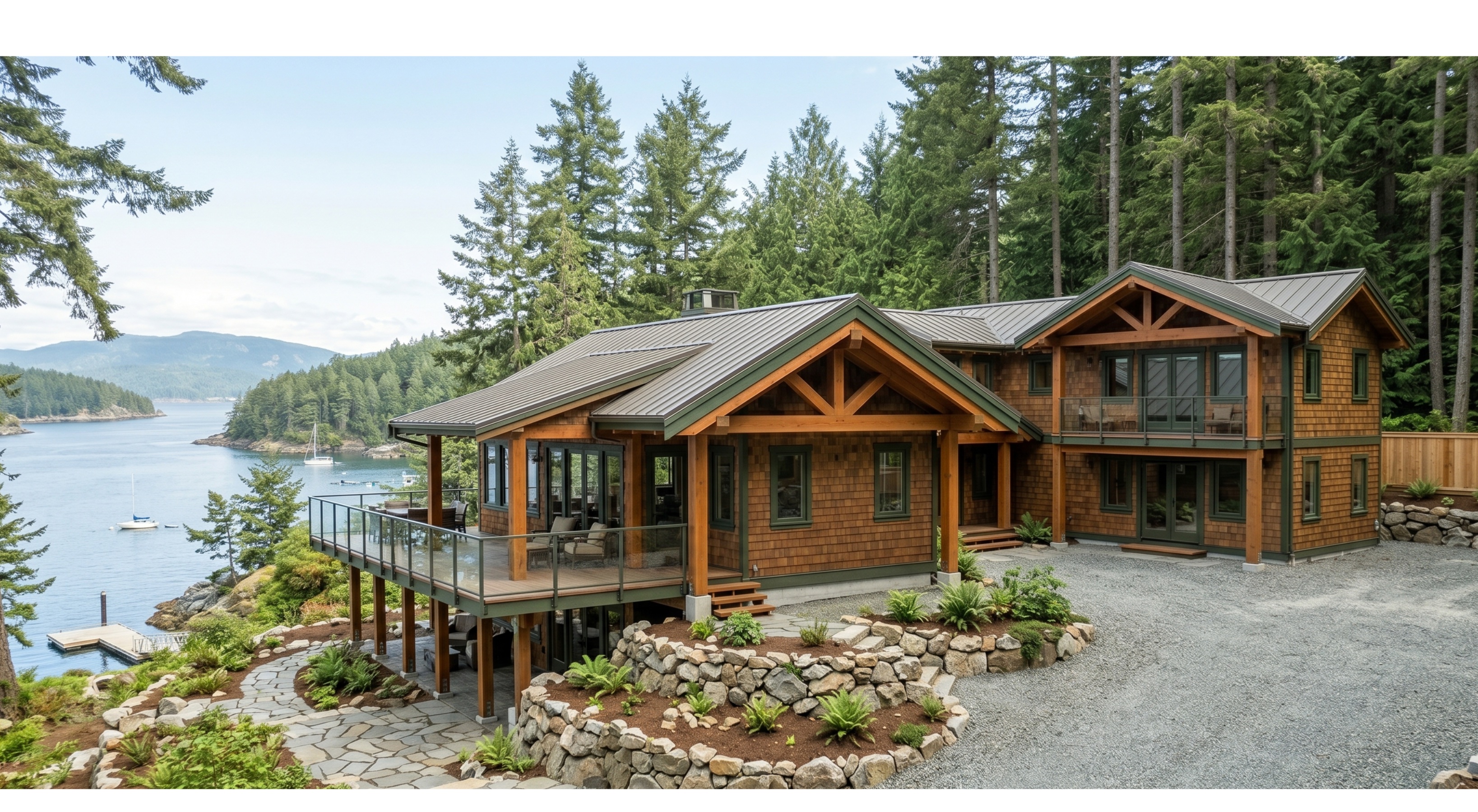 West Coast cedar shake home with timber frame and ocean view, Vancouver Island exterior painting