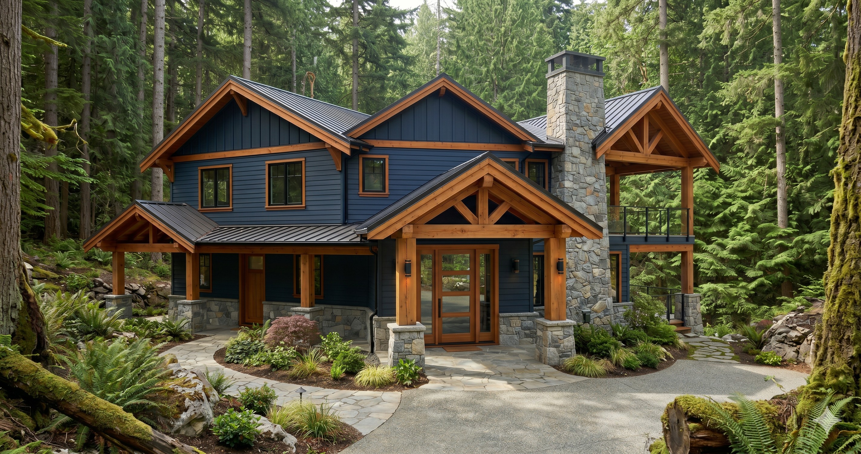 Navy blue timber frame home with stone chimney nestled in West Coast forest, Vancouver Island