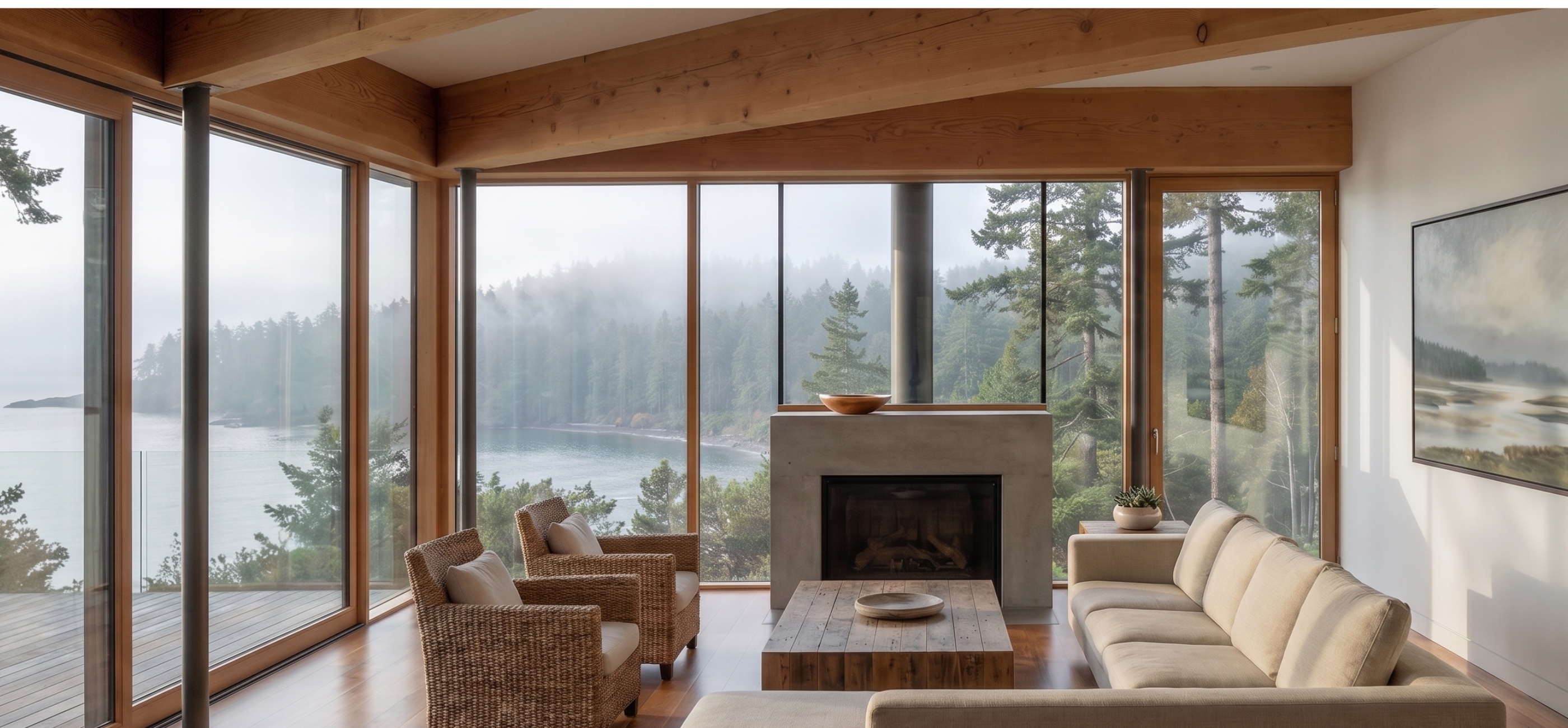 West Coast living room with timber beams, fireplace and Pacific ocean view