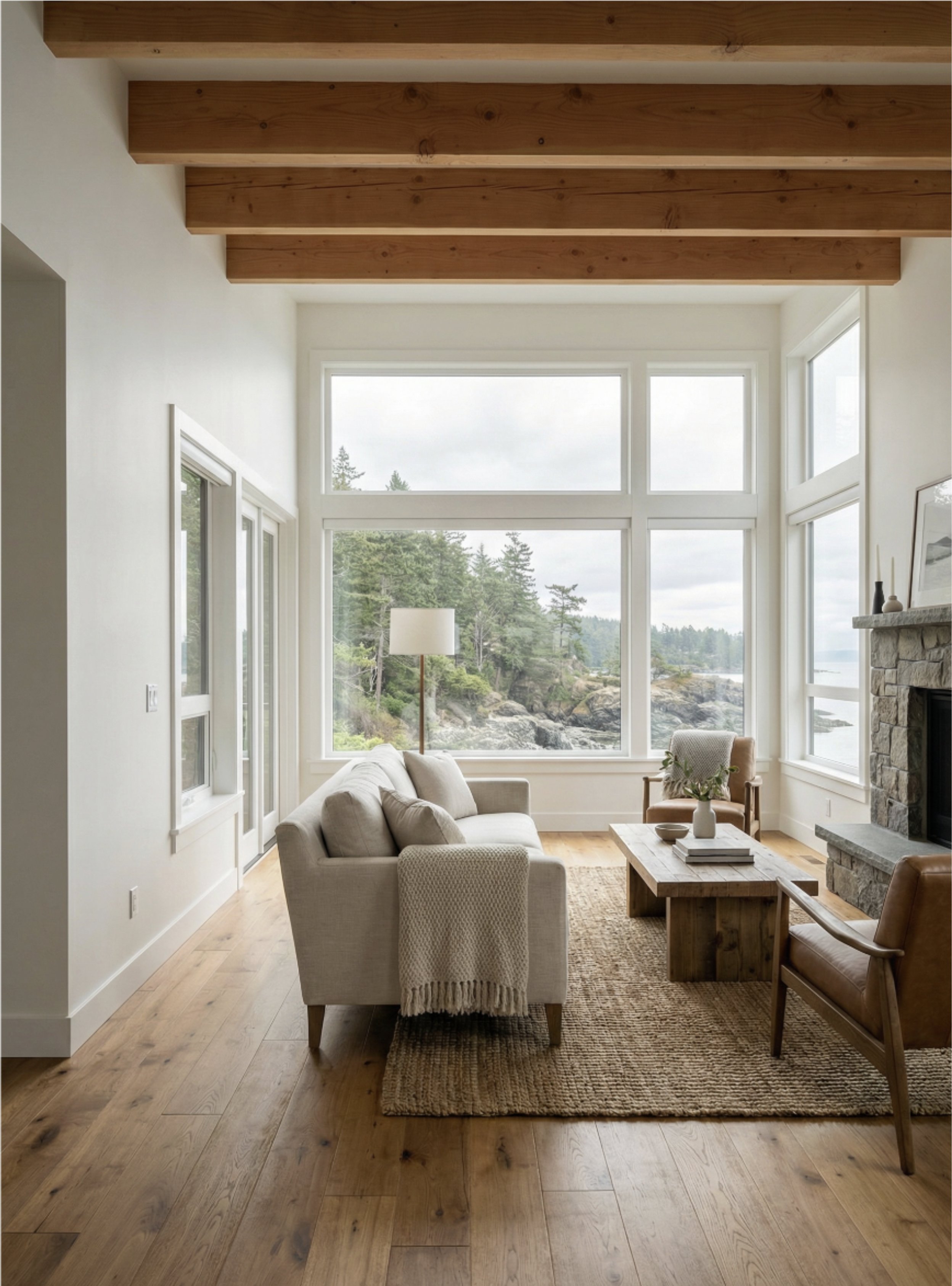 West Coast living room with timber beams, stone fireplace and ocean view through large windows